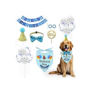 Dog Blue Bandana Set with Hat, Scarf, Banner, Balloons and Bowtie